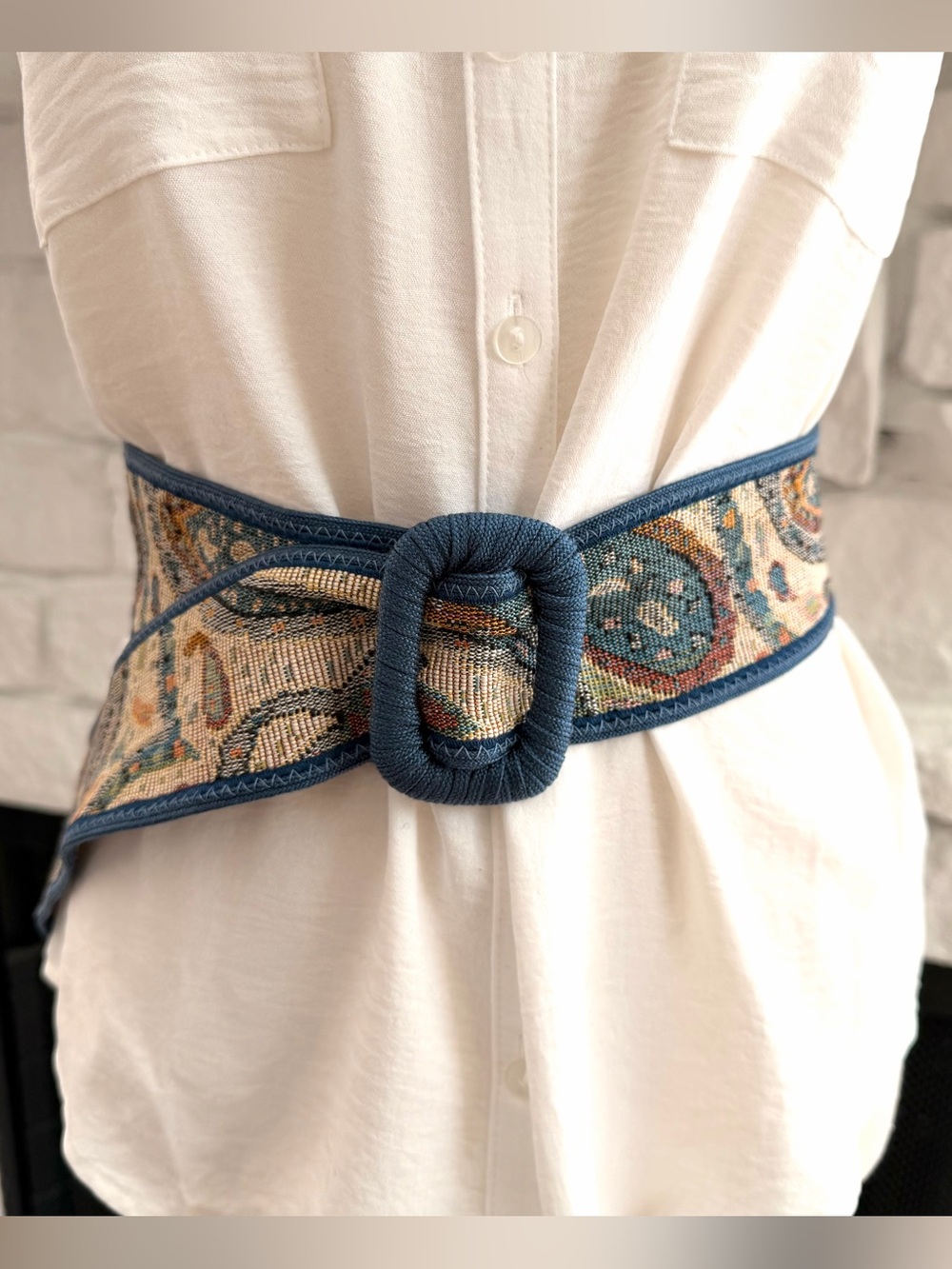 Vintage Leather Shop Paisley Tapestry Belt M/L Teal Boho New Old Stock